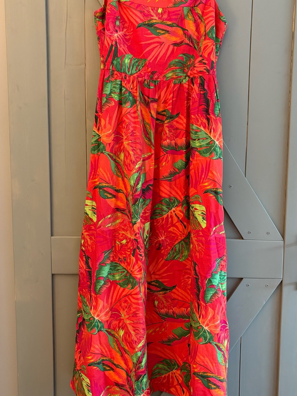 Rachel Zoe Coral Red Maxi Dress with Green Leaf Accents